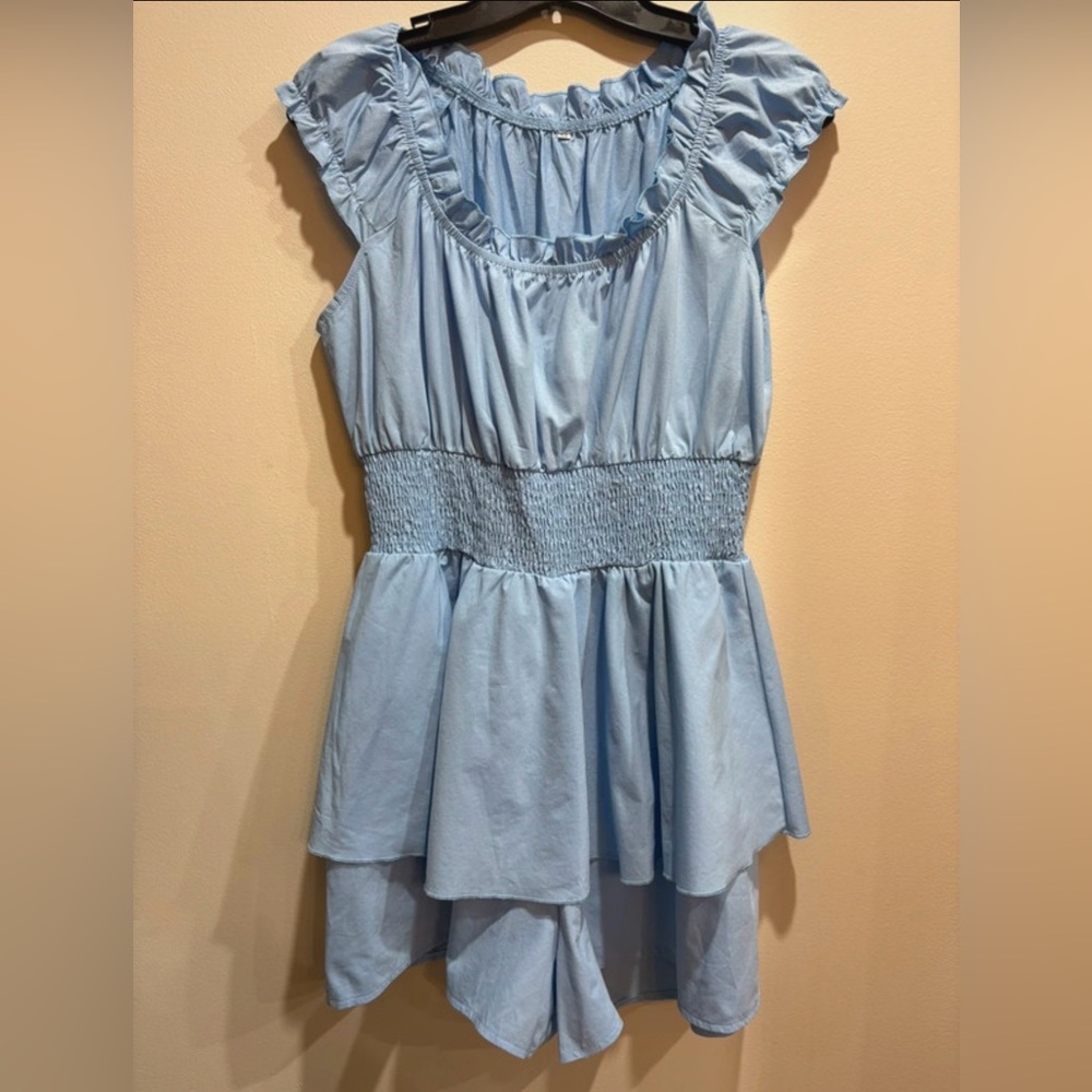 Light Blue Ruffled Smocked Waist Romper